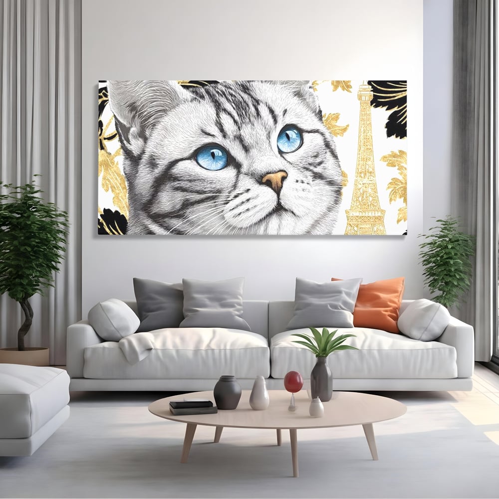 Tablou canvas cu tablou canvas cu pisica si turnul eiffel, fara rama, pe sasiu de lemn, pe perete intr-un living
